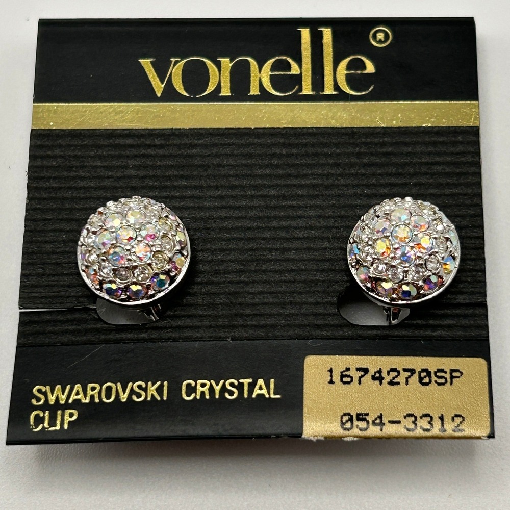 Vintage Vonelle Swarovski Crystal Clip On Earrings Silver Tone AB Pave Dome